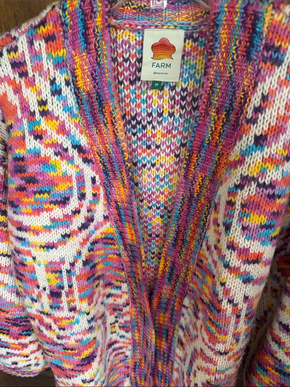 FARM Rio Multicolor Knit Belted Heart Cardigan in Pink Orange Yellow Blue Cream - Picture 5 of 7